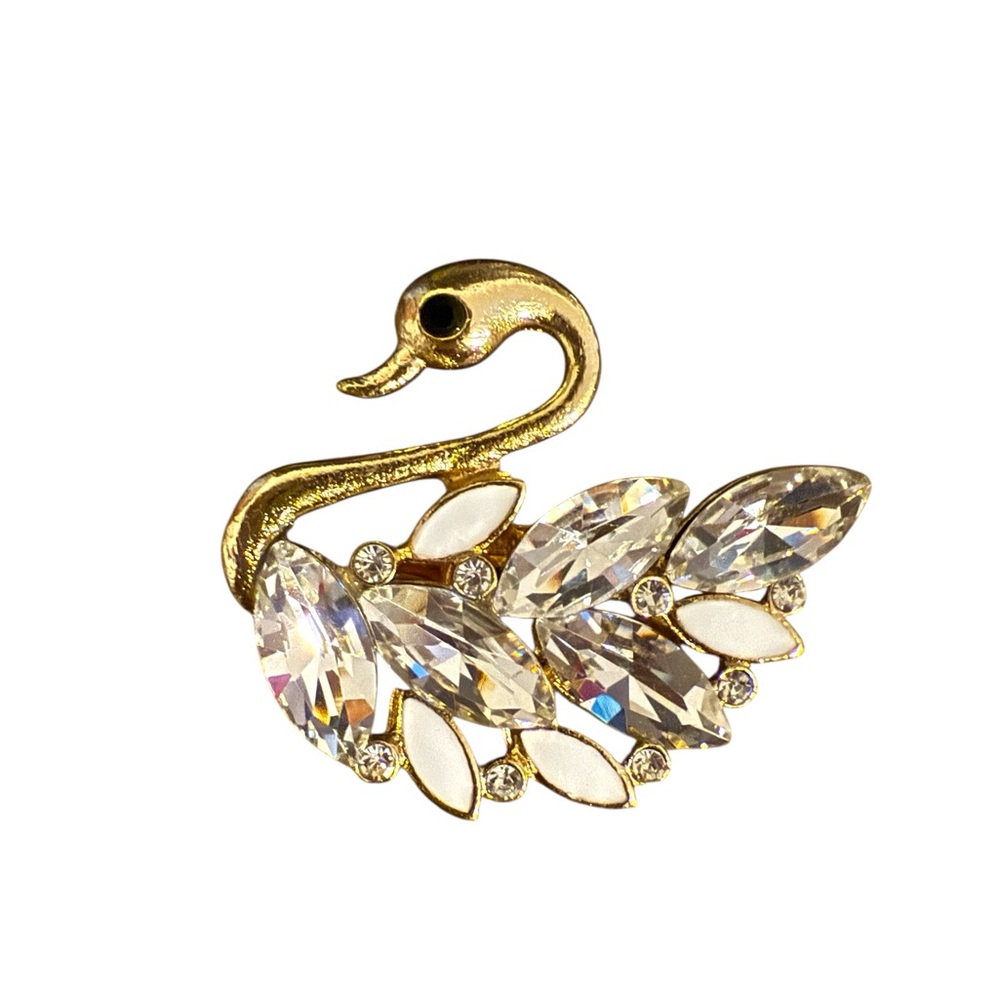 White in Gold Tone Swan Brooch with Crystal Details